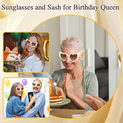 Chanaco 50th Birthday Decoration for Women 50 & Fabulous Birthday Queen Sash and Sunglasses Gold Pearl Heart Sunglasses Black Glitter Sash Gift Set Outfit for Party Decoration in Kuwait