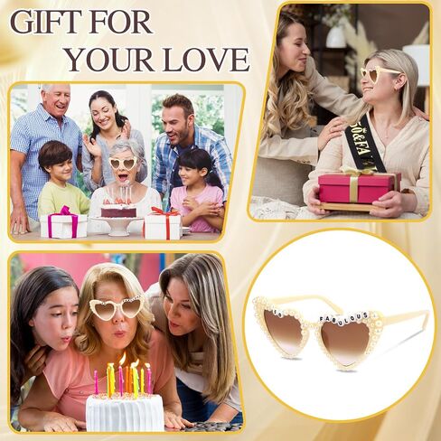 Chanaco 50th Birthday Decoration for Women 50 & Fabulous Birthday Queen Sash and Sunglasses Gold Pearl Heart Sunglasses Black Glitter Sash Gift Set Outfit for Party Decoration in Kuwait