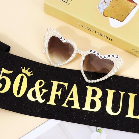 Chanaco 50th Birthday Decoration for Women 50 & Fabulous Birthday Queen Sash and Sunglasses Gold Pearl Heart Sunglasses Black Glitter Sash Gift Set Outfit for Party Decoration in Kuwait
