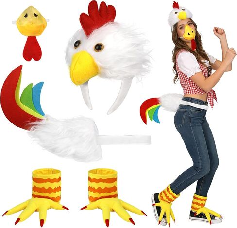5pcs Chicken Costume Women Men, Rooster Costume Include Headband Tail Feet and Nose for Animal Halloween Easter Party in Kuwait