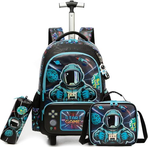 Kids Rolling Backpack for Boys Dinosaur Trolley Suitcases Luggage with Wheels Bookbag Wheeled 3pcs Preschool Students Elementary Teenagers Lunch Box Pencil Case Green for Age 5-10 in Saudi Arabia