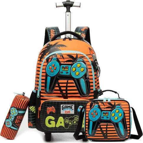 Kids Rolling Backpack for Boys Dinosaur Trolley Suitcases Luggage with Wheels Bookbag Wheeled 3pcs Preschool Students Elementary Teenagers Lunch Box Pencil Case Green for Age 5-10 in Saudi Arabia