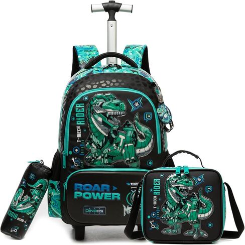 Kids Rolling Backpack for Boys Dinosaur Trolley Suitcases Luggage with Wheels Bookbag Wheeled 3pcs Preschool Students Elementary Teenagers Lunch Box Pencil Case Green for Age 5-10 in Saudi Arabia