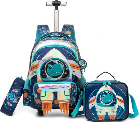 Kids Rolling Backpack for Boys Dinosaur Trolley Suitcases Luggage with Wheels Bookbag Wheeled 3pcs Preschool Students Elementary Teenagers Lunch Box Pencil Case Green for Age 5-10 in Saudi Arabia