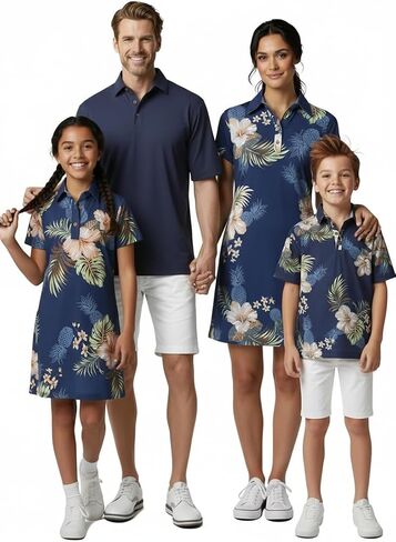 Hawaii Hangover Family Matching Tropical Polo Shirts & Polo Dresses – Pineapple Garden Navy Resort Golf Outfits in Kuwait