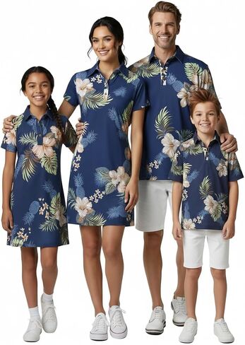 Hawaii Hangover Family Matching Tropical Polo Shirts & Polo Dresses – Pineapple Garden Navy Resort Golf Outfits in Kuwait