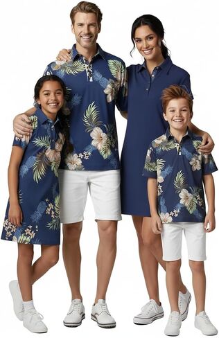 Hawaii Hangover Family Matching Tropical Polo Shirts & Polo Dresses – Pineapple Garden Navy Resort Golf Outfits in Kuwait