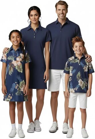 Hawaii Hangover Family Matching Tropical Polo Shirts & Polo Dresses – Pineapple Garden Navy Resort Golf Outfits in Kuwait