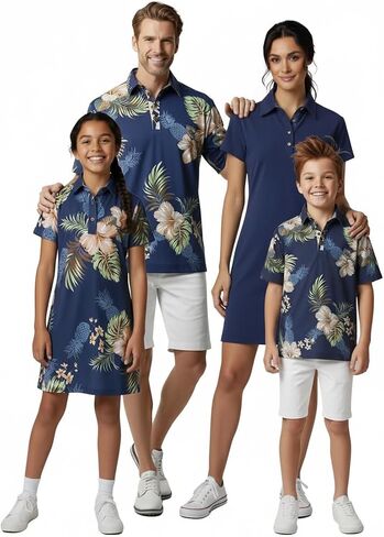 Hawaii Hangover Family Matching Tropical Polo Shirts & Polo Dresses – Pineapple Garden Navy Resort Golf Outfits in Kuwait