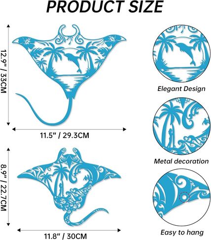 Slickss Blue Manta Ray Metal Wall Art، Sting Ray Wall Decor مجموعة من 2 - فن جدار المحيط، فن جدار الشاطئ لغرفة المعيشة، الحمام، ديكور المنزل الساحلي in Kuwait