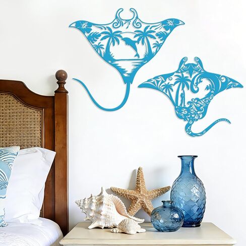 Slickss Blue Manta Ray Metal Wall Art، Sting Ray Wall Decor مجموعة من 2 - فن جدار المحيط، فن جدار الشاطئ لغرفة المعيشة، الحمام، ديكور المنزل الساحلي in Kuwait