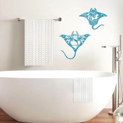 Slickss Blue Manta Ray Metal Wall Art، Sting Ray Wall Decor مجموعة من 2 - فن جدار المحيط، فن جدار الشاطئ لغرفة المعيشة، الحمام، ديكور المنزل الساحلي in Kuwait