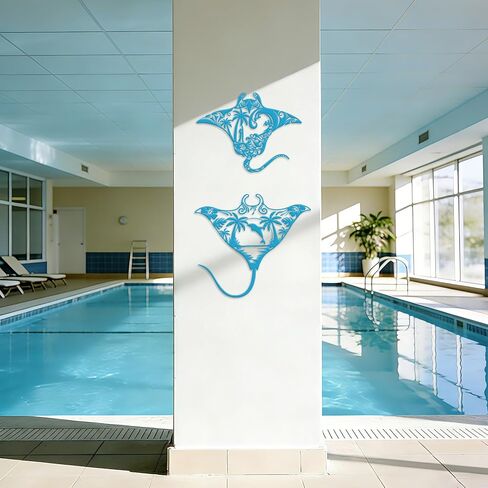 Slickss Blue Manta Ray Metal Wall Art، Sting Ray Wall Decor مجموعة من 2 - فن جدار المحيط، فن جدار الشاطئ لغرفة المعيشة، الحمام، ديكور المنزل الساحلي in Kuwait