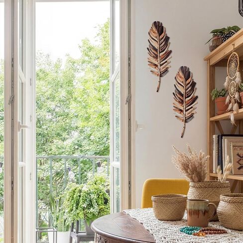Yerliker 2 Pcs Wooden Driftwood Leaf Wall Art Decor Hanging Sculpture Farmhouse Botanical Hanging Living Room Bedroom Bathroom Kitchen Office Boho Home Decorations 16-5.5''(Vintage Brown) in Kuwait