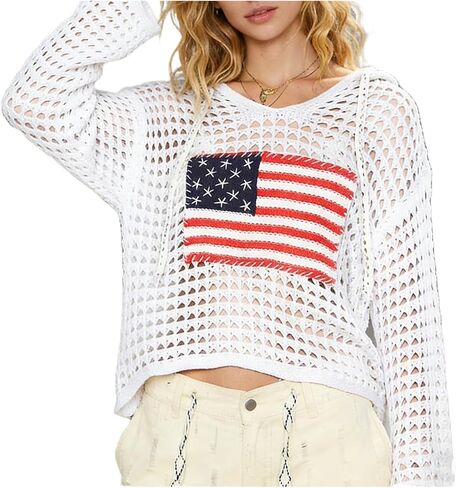 Womens American Flag Open Knit Crochet Sweater Tops Long Sleeve V-Neck Hollow Out Hoodies Summer Beach Cover Ups in Saudi Arabia