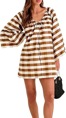 Women's Boho Dress Gingham Bell Sleeve Tie Neck Shift Dress Beach Cover Up Mini Dress in Saudi Arabia