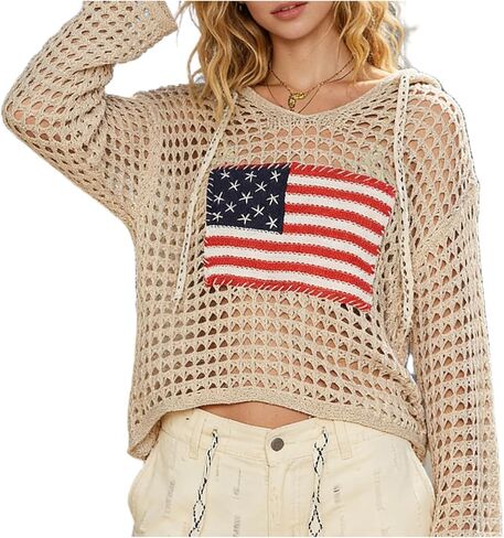 Womens American Flag Open Knit Crochet Sweater Tops Long Sleeve V-Neck Hollow Out Hoodies Summer Beach Cover Ups in Saudi Arabia