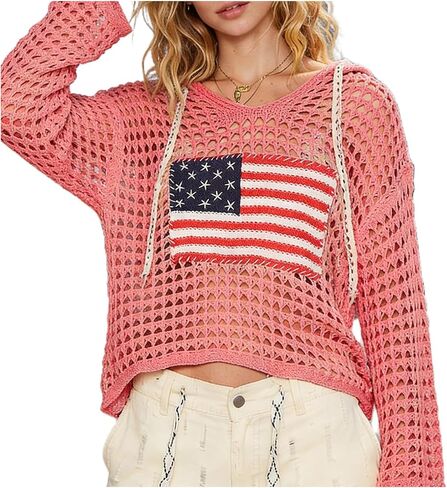 Womens American Flag Open Knit Crochet Sweater Tops Long Sleeve V-Neck Hollow Out Hoodies Summer Beach Cover Ups in Saudi Arabia