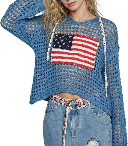 Womens American Flag Open Knit Crochet Sweater Tops Long Sleeve V-Neck Hollow Out Hoodies Summer Beach Cover Ups in Saudi Arabia