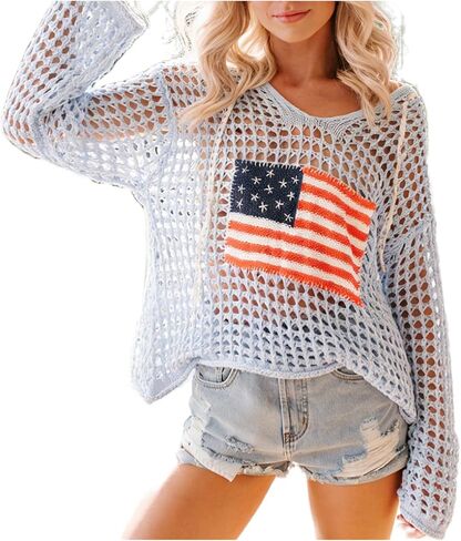 Womens American Flag Open Knit Crochet Sweater Tops Long Sleeve V-Neck Hollow Out Hoodies Summer Beach Cover Ups in Saudi Arabia