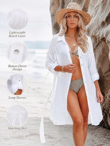 Womens Beachwear Cover Up, Long Sleeve Button Down Beach Shirt with Belt - One Size White in Kuwait