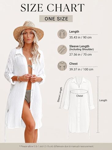Womens Beachwear Cover Up, Long Sleeve Button Down Beach Shirt with Belt - One Size White in Kuwait