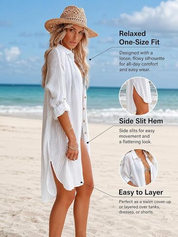 Womens Beachwear Cover Up, Long Sleeve Button Down Beach Shirt with Belt - One Size White in Kuwait