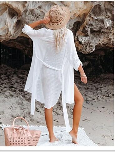 Womens Beachwear Cover Up, Long Sleeve Button Down Beach Shirt with Belt - One Size White in Kuwait