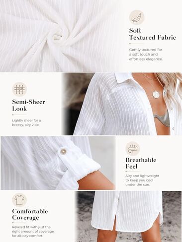 Womens Beachwear Cover Up, Long Sleeve Button Down Beach Shirt with Belt - One Size White in Kuwait