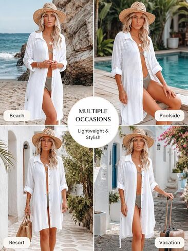 Womens Beachwear Cover Up, Long Sleeve Button Down Beach Shirt with Belt - One Size White in Kuwait