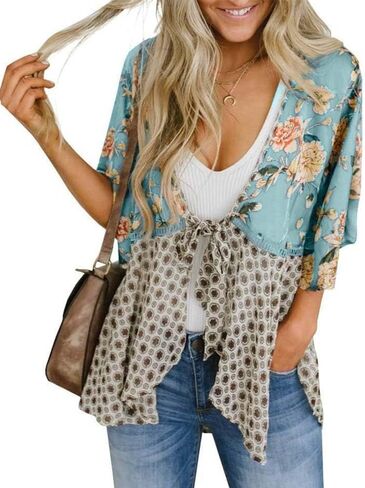 Kimono Cardigans for Women Spring Summer Floral 3/4 Sleeve Tie Front Patchwork Loose Boho Flowy Beach Cover Up in Kuwait