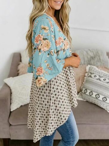 Kimono Cardigans for Women Spring Summer Floral 3/4 Sleeve Tie Front Patchwork Loose Boho Flowy Beach Cover Up in Kuwait