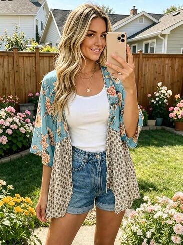 Kimono Cardigans for Women Spring Summer Floral 3/4 Sleeve Tie Front Patchwork Loose Boho Flowy Beach Cover Up in Kuwait