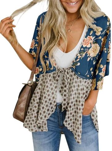 Kimono Cardigans for Women Spring Summer Floral 3/4 Sleeve Tie Front Patchwork Loose Boho Flowy Beach Cover Up in Kuwait
