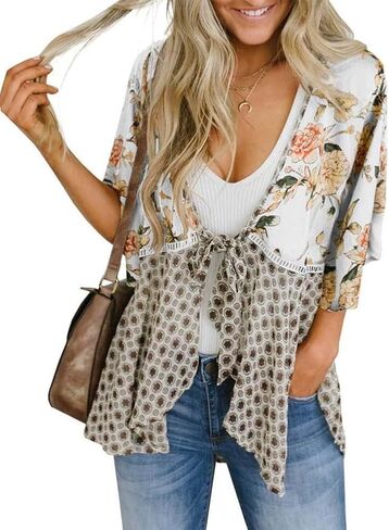 Kimono Cardigans for Women Spring Summer Floral 3/4 Sleeve Tie Front Patchwork Loose Boho Flowy Beach Cover Up in Kuwait