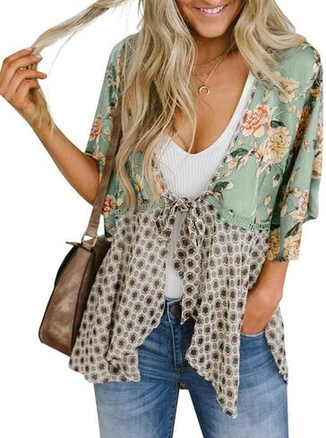 Kimono Cardigans for Women Spring Summer Floral 3/4 Sleeve Tie Front Patchwork Loose Boho Flowy Beach Cover Up in Kuwait