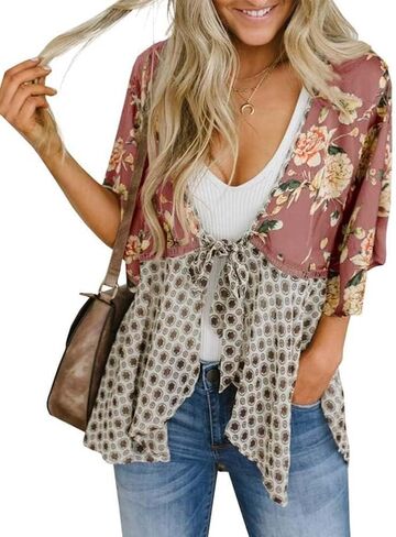 Kimono Cardigans for Women Spring Summer Floral 3/4 Sleeve Tie Front Patchwork Loose Boho Flowy Beach Cover Up in Kuwait