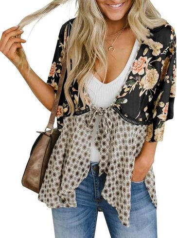 Kimono Cardigans for Women Spring Summer Floral 3/4 Sleeve Tie Front Patchwork Loose Boho Flowy Beach Cover Up in Kuwait