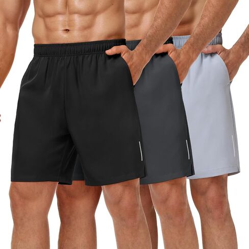 MIER Men's 3 Pack Athletic Running Shorts - 7 Inch Quick Dry Lightweight Gym Workout Training Shorts with Pockets, No Liner in Kuwait