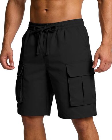 Men's Cargo Shorts Casual Drawstring Elastic Waist Summer Outdoor Hiking Shorts for Athletic & Work Multi Pockets in Saudi Arabia
