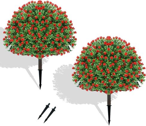 24’’ Artificial Boxwood Topiary Ball Tree with Rose - Set of 2 Artificial Shrub Bushes with Ground Spike, Keep Evergreen, Fake Plants for Garden Porch Countyard Patio Valentine's Day Decor in Kuwait