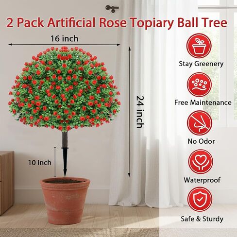 24’’ Artificial Boxwood Topiary Ball Tree with Rose - Set of 2 Artificial Shrub Bushes with Ground Spike, Keep Evergreen, Fake Plants for Garden Porch Countyard Patio Valentine's Day Decor in Kuwait