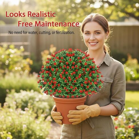 24’’ Artificial Boxwood Topiary Ball Tree with Rose - Set of 2 Artificial Shrub Bushes with Ground Spike, Keep Evergreen, Fake Plants for Garden Porch Countyard Patio Valentine's Day Decor in Kuwait