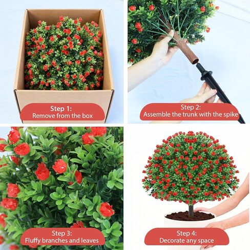 24’’ Artificial Boxwood Topiary Ball Tree with Rose - Set of 2 Artificial Shrub Bushes with Ground Spike, Keep Evergreen, Fake Plants for Garden Porch Countyard Patio Valentine's Day Decor in Kuwait