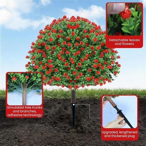 24’’ Artificial Boxwood Topiary Ball Tree with Rose - Set of 2 Artificial Shrub Bushes with Ground Spike, Keep Evergreen, Fake Plants for Garden Porch Countyard Patio Valentine's Day Decor in Kuwait