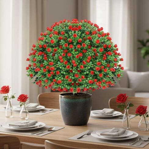 24’’ Artificial Boxwood Topiary Ball Tree with Rose - Set of 2 Artificial Shrub Bushes with Ground Spike, Keep Evergreen, Fake Plants for Garden Porch Countyard Patio Valentine's Day Decor in Kuwait