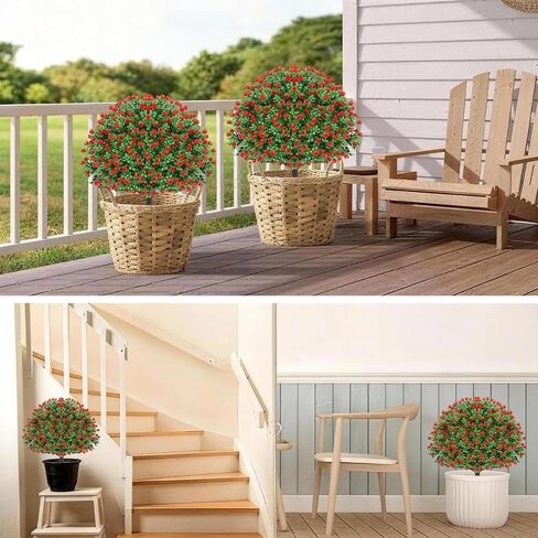 24’’ Artificial Boxwood Topiary Ball Tree with Rose - Set of 2 Artificial Shrub Bushes with Ground Spike, Keep Evergreen, Fake Plants for Garden Porch Countyard Patio Valentine's Day Decor in Kuwait