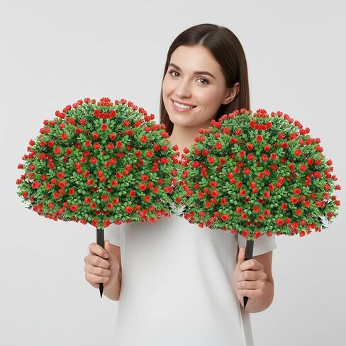24’’ Artificial Boxwood Topiary Ball Tree with Rose - Set of 2 Artificial Shrub Bushes with Ground Spike, Keep Evergreen, Fake Plants for Garden Porch Countyard Patio Valentine's Day Decor in Kuwait