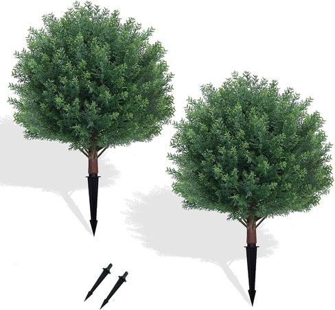24’’ Artificial Boxwood Topiary Ball Tree with Rose - Set of 2 Artificial Shrub Bushes with Ground Spike, Keep Evergreen, Fake Plants for Garden Porch Countyard Patio Valentine's Day Decor in Kuwait