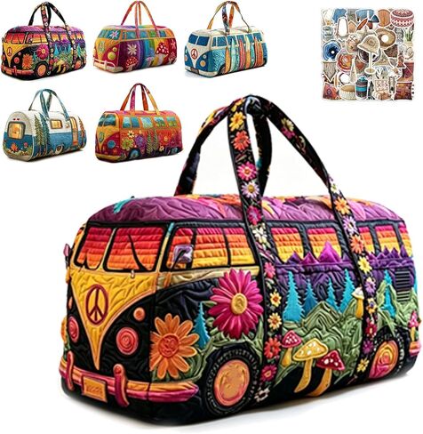 Unisex Boho Quilted Weekender Bag - Large Hippie Van Quilted Duffle Bag with 50 Pcs Boho Art Stickers - Lightweight Hippie Carry-on Luggage for Gym, Yoga, Weekend Trips (#C, 18"x9"x9") in Kuwait